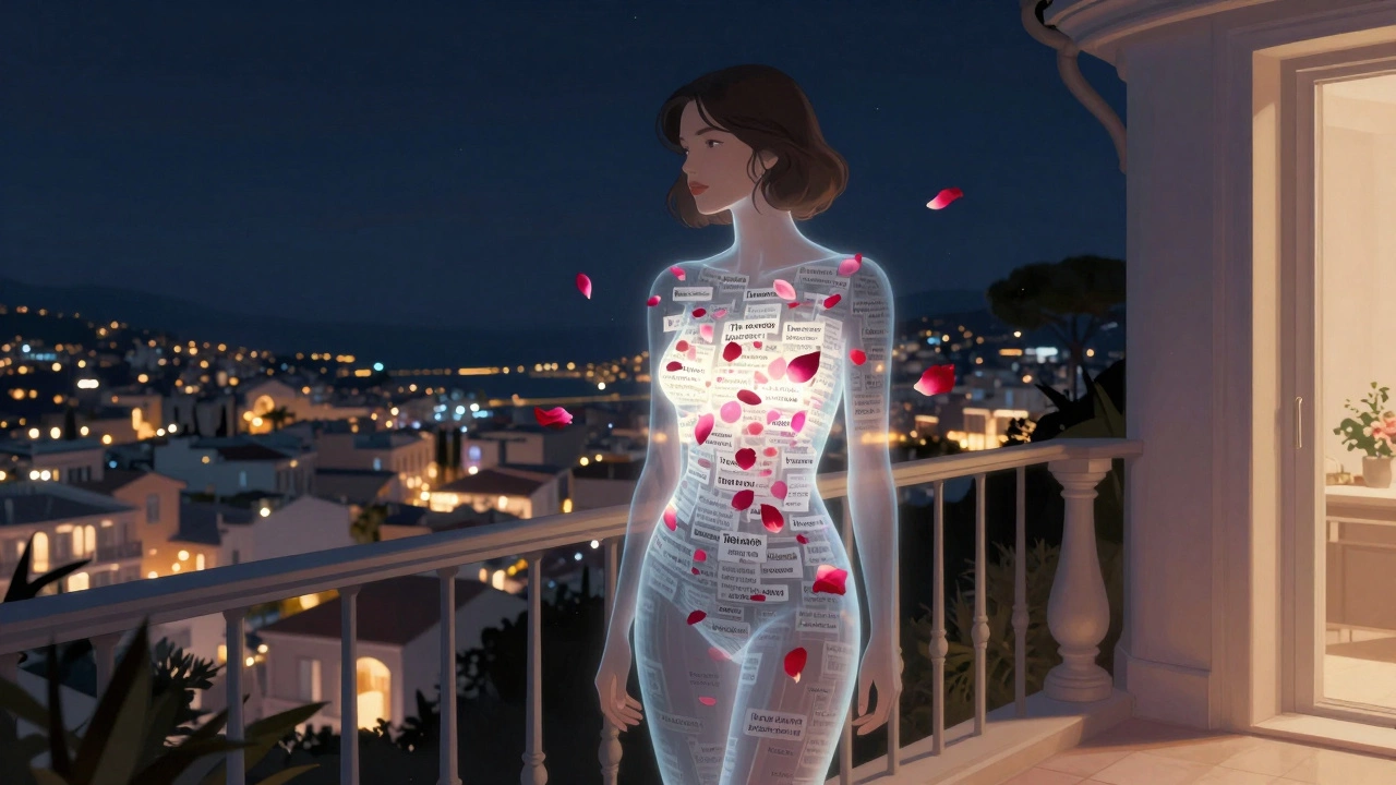 A woman&#039;s translucent form reveals a network of whispered names and rose petals labeled with code words, symbolizing hidden safety systems in Cannes.