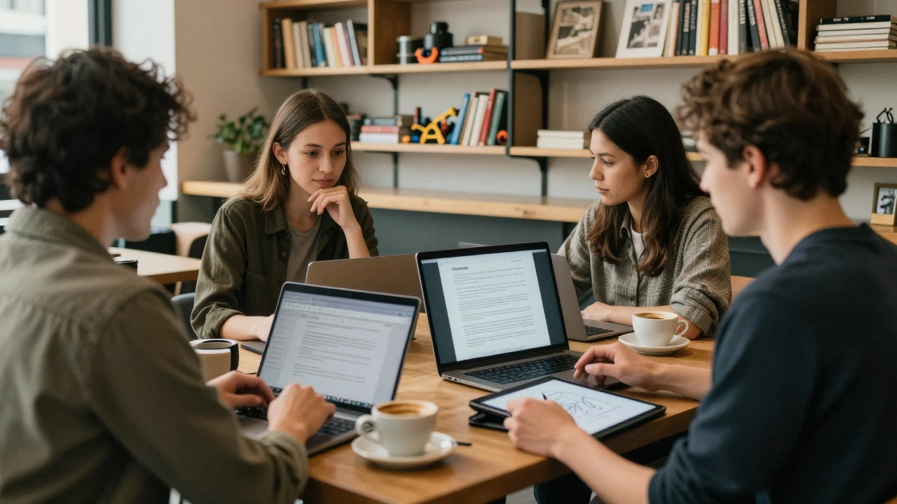 Freelancers collaborating in a cozy café, laptops open, engaged in quiet professional conversation.