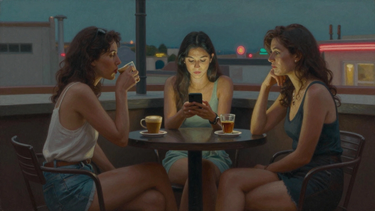 Three women meet secretly at a rooftop bar in Cannes, quietly sharing information, one checking a phone, others alert and composed.
